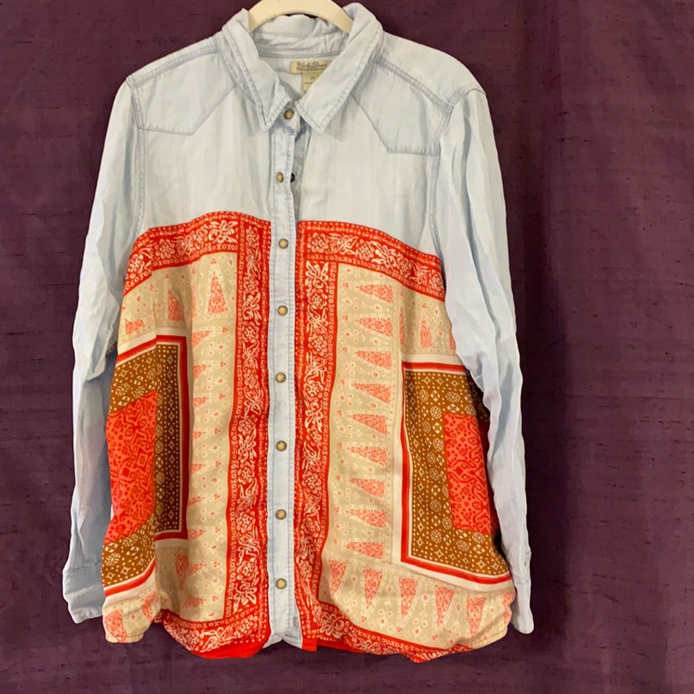 Lucky Brand Faded Denim Shirt w/ Bandana Detail